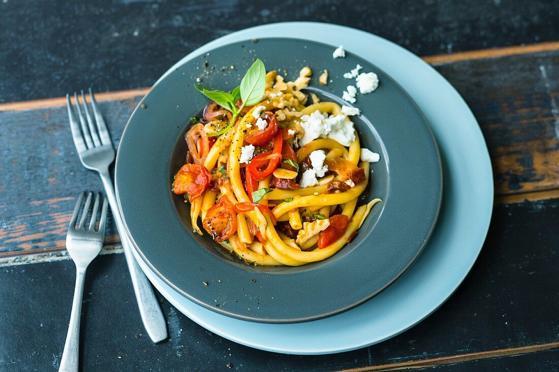 Pepper and walnut pasta with feta cheese