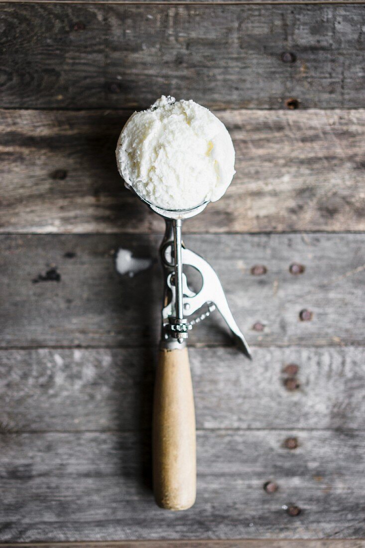 A scoop of vanilla ice cream and ice cream scoop (seen from above)