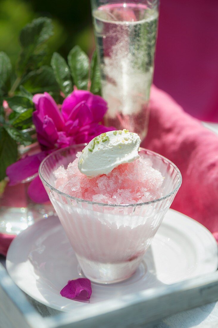 Cherry Prosecco granita on a table outside