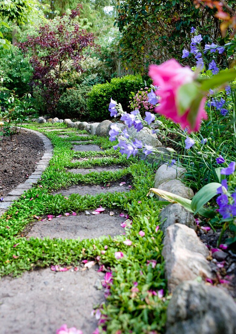 Eingewachsener Gartenweg mit Stein-Trittplatten und Blumenbeeteinfassung mit Wackersteinen