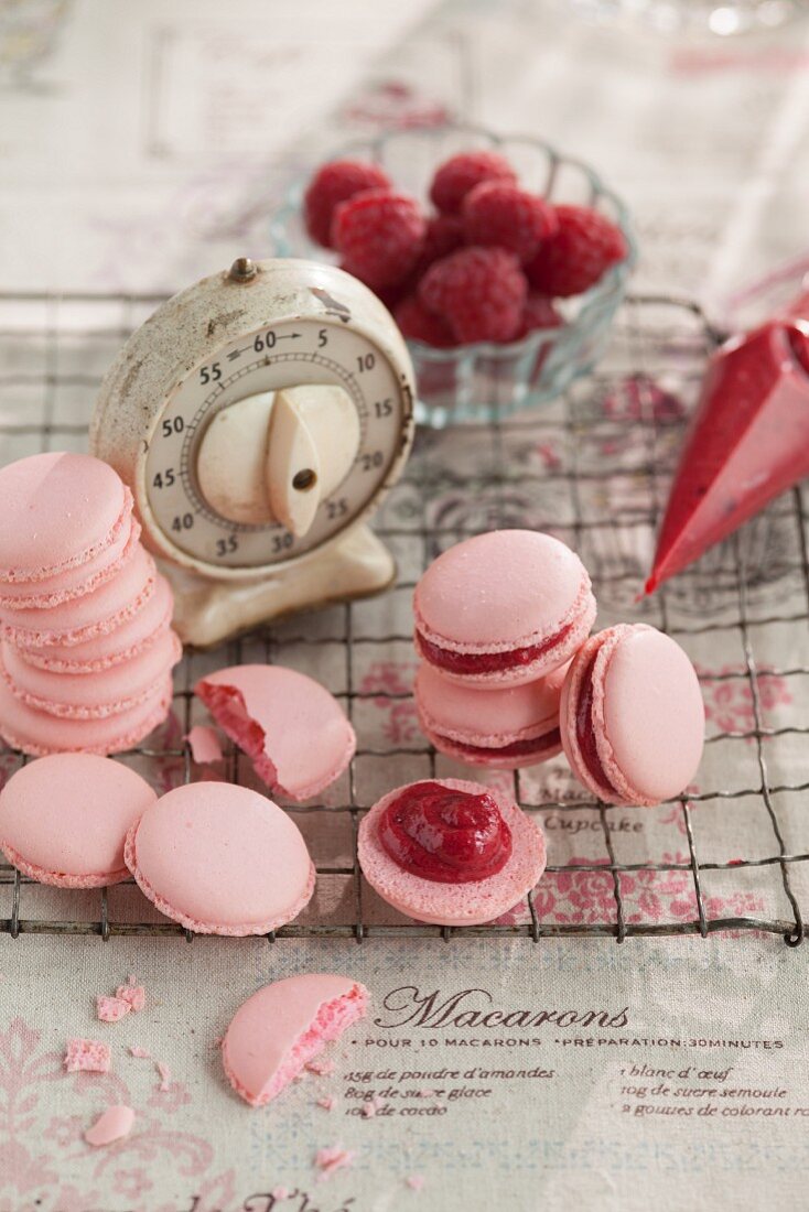 raspberry macaroons with an old kitchen timer