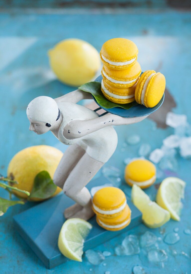 Lemon macaroons with a vintage figure