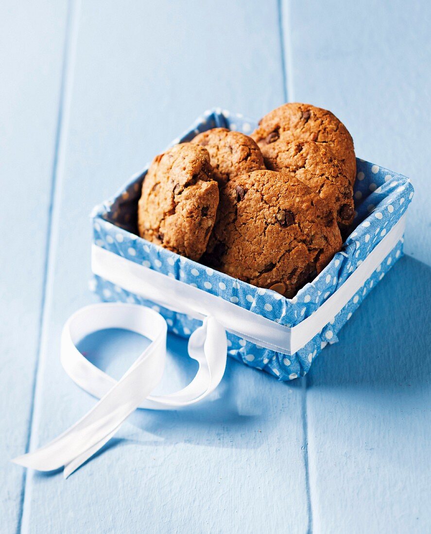 Chocolate chip cookies in a homemade gift box