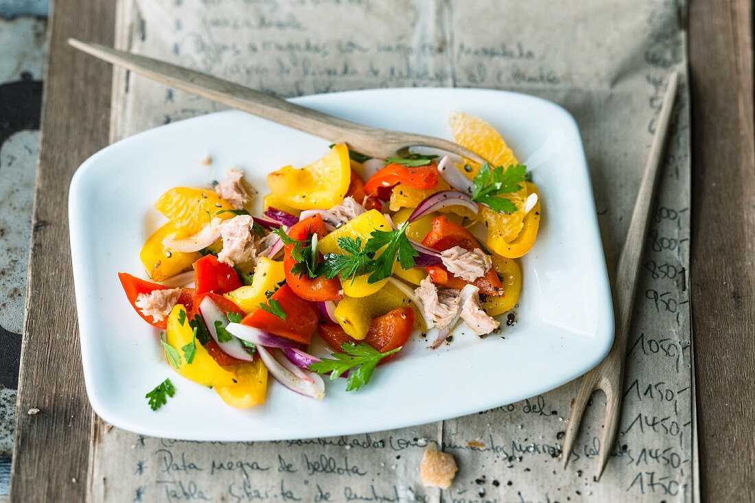 Pepper salad with oranges and tuna fish (Spain)