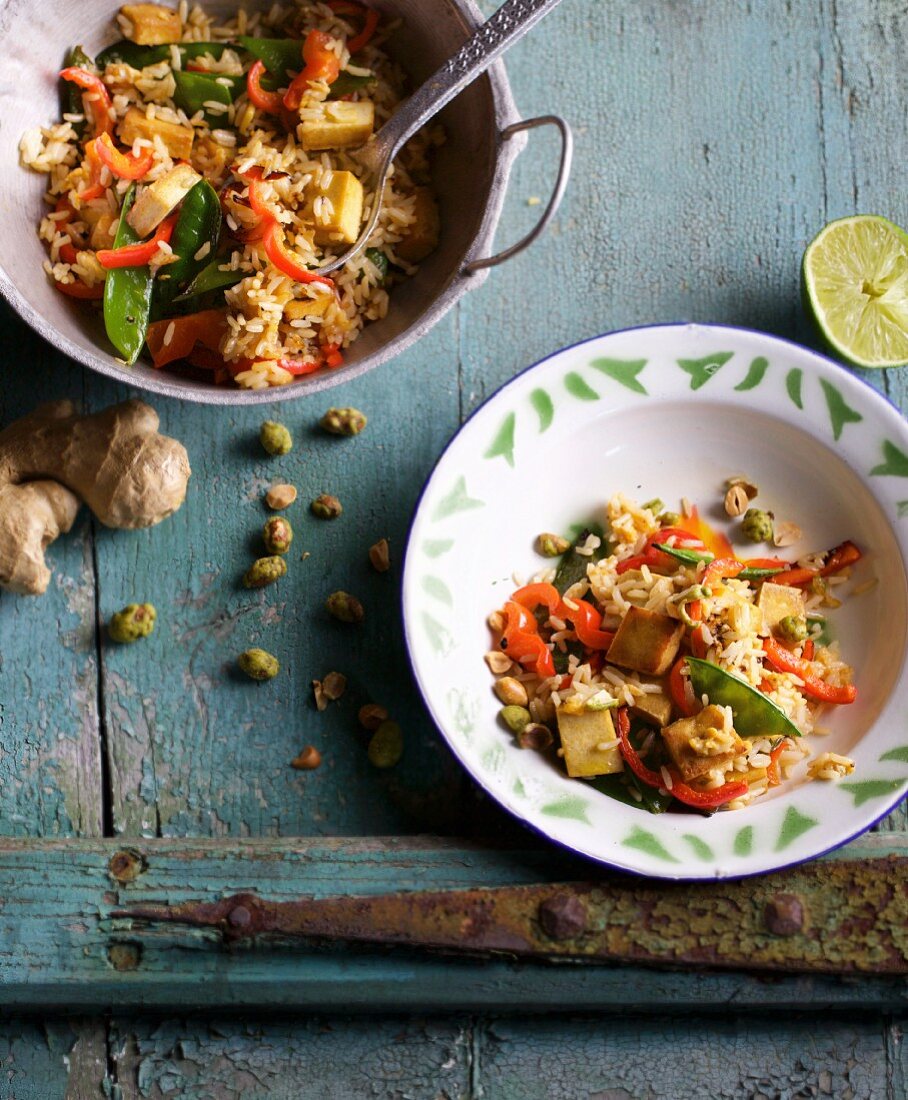 Fried rice with vegetables and wasabi nuts