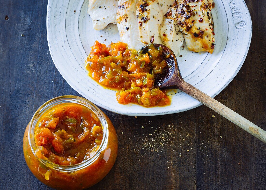 Pepper and apricot relish with fried chicken breast