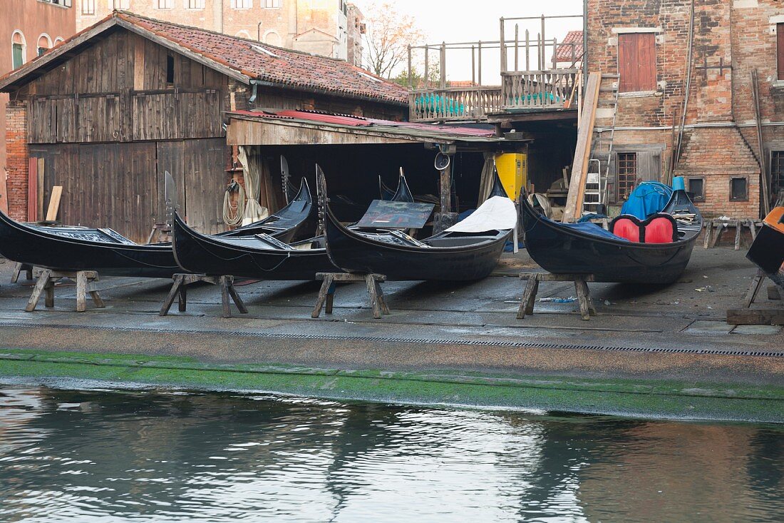 Gondolas being repaired, Venice, Italy