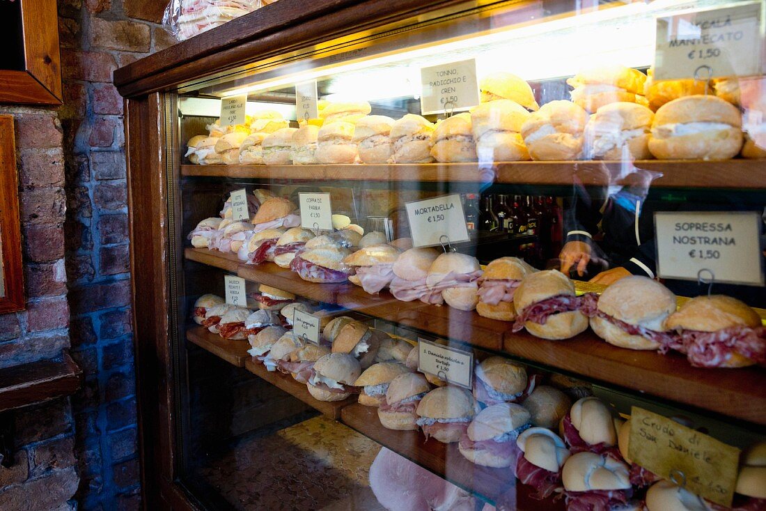 Sandwiches at the bar 'Al Merca' at the Rialto market, Venice, Italy