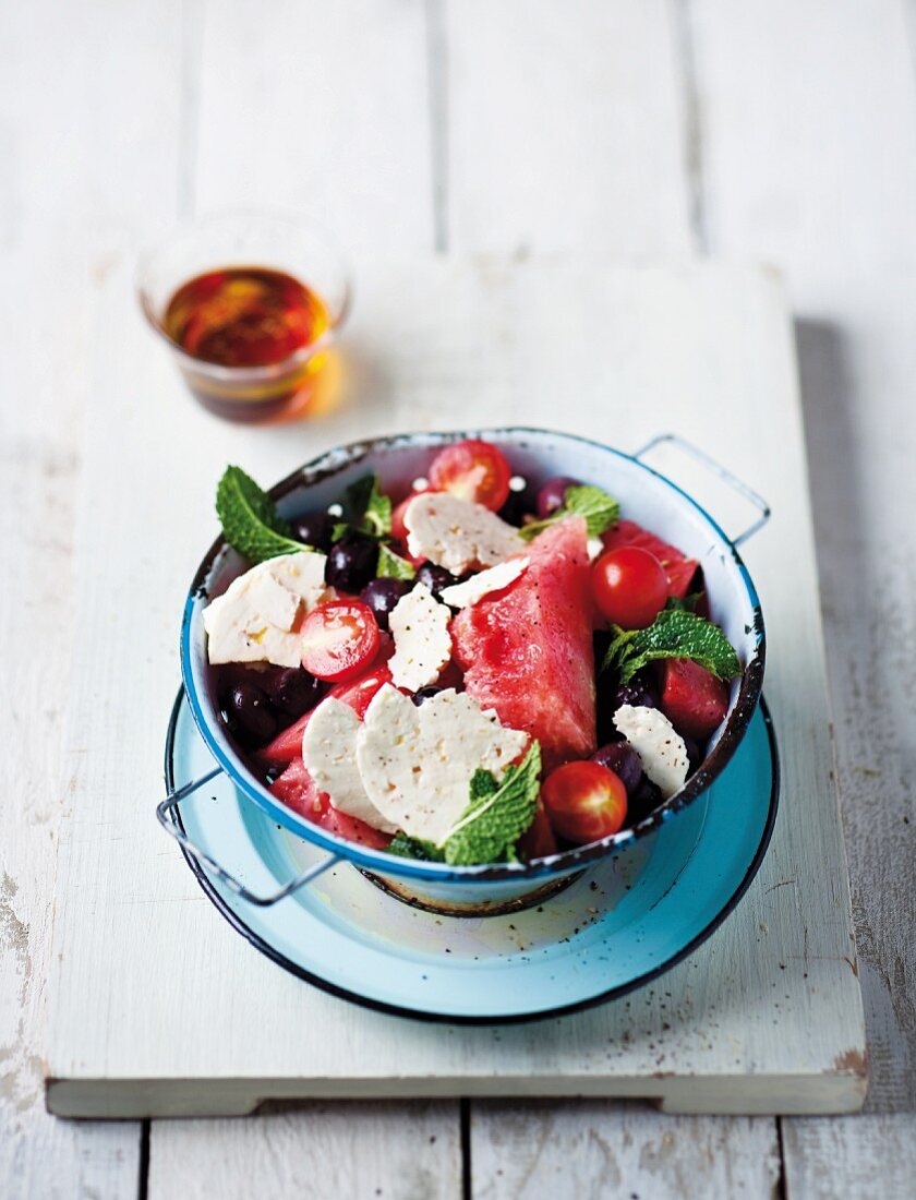 Melon salad with olives and feta cheese