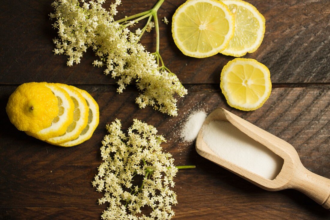 Ingredients for elderflower syrup: elderflowers, sugar and lemons