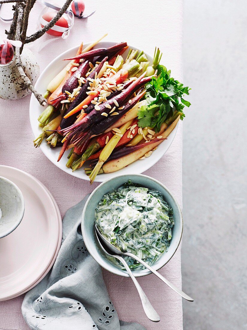 Spiced carrots with almonds and Creamy spinach