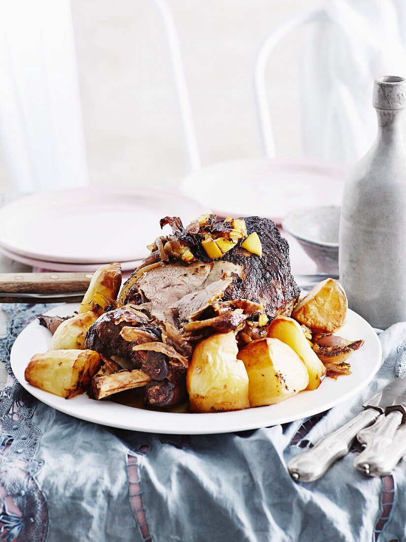 Slow-roast lamb with lemon and mint