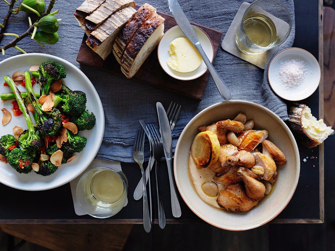 Broccolini with chilli and burnt garlic vinaigrette - Roast spatchcock with garlic bread sauce