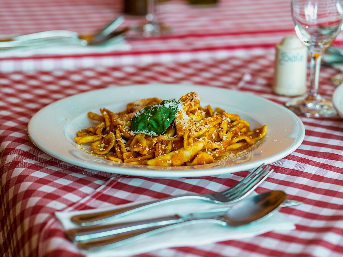 Pasta with tomato sauce, basil and Parmesan cheese