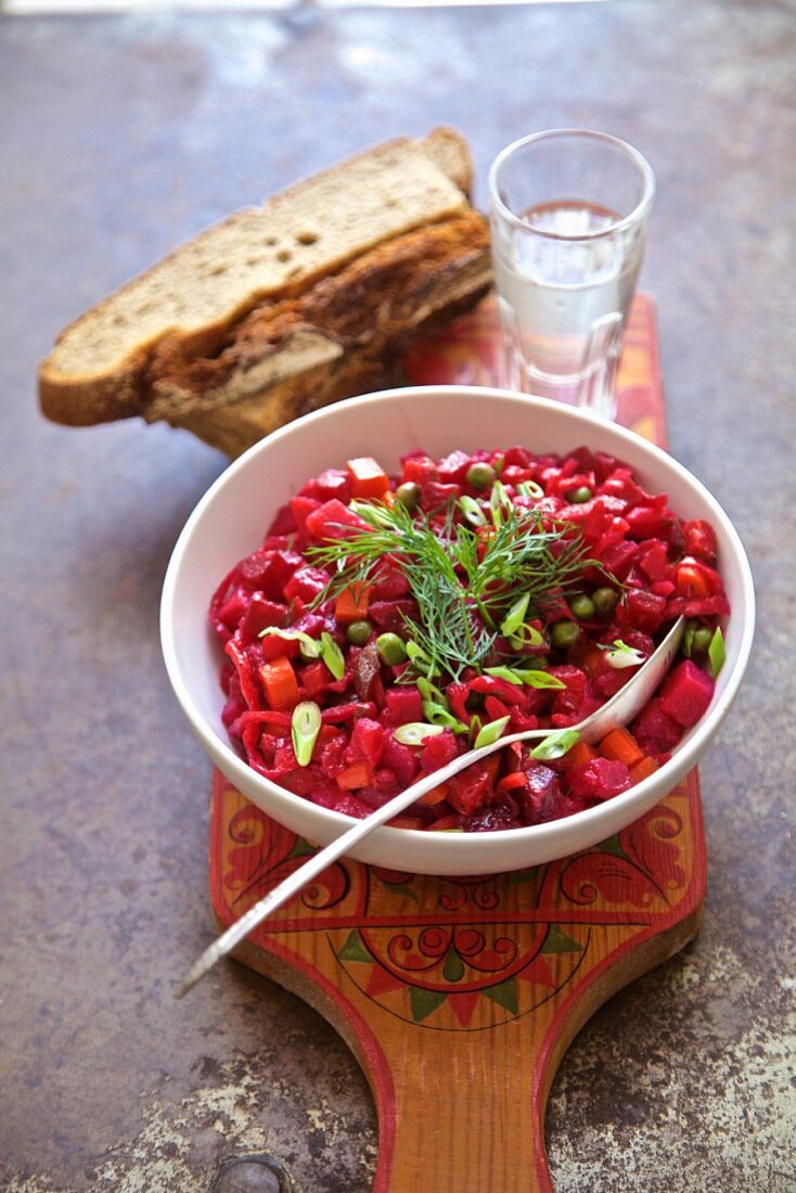 Russian beetroot salad with country bread and vodka