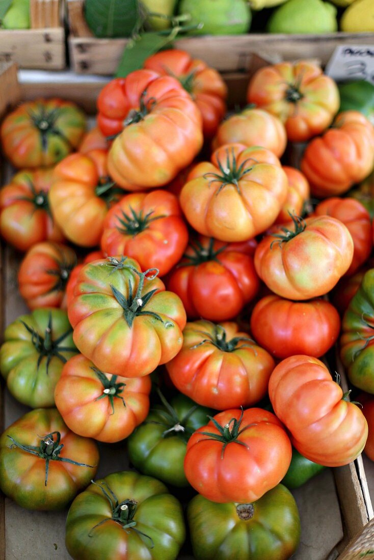 Fleischtomaten der Sorte Costoluto in einer Holzsteige