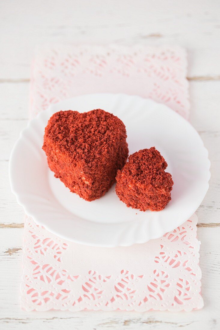 Heart -haped Red Velvet cakes, one big and one small