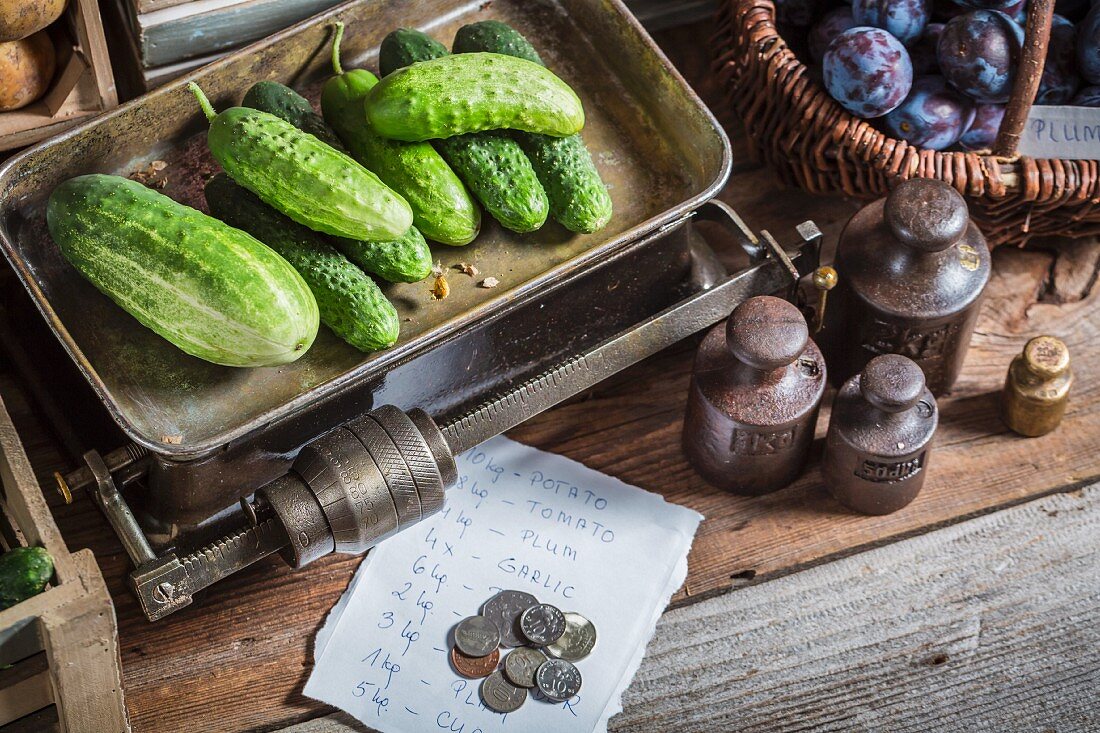 Cucumbers on an old pair of scales