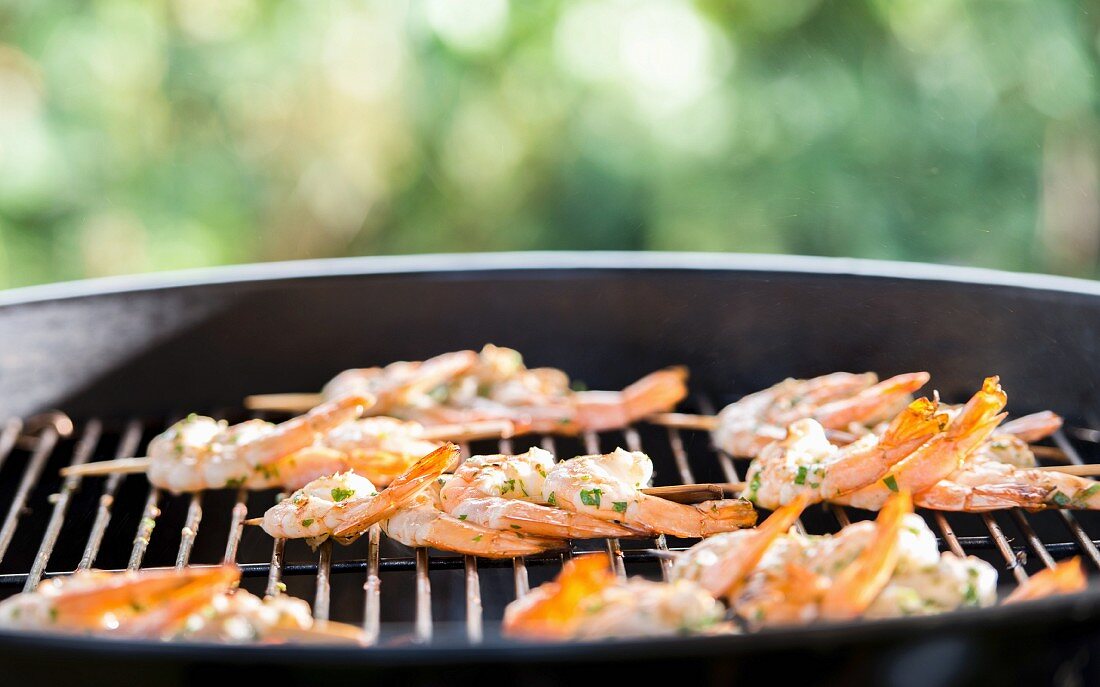 Prawn skewers on barbecue