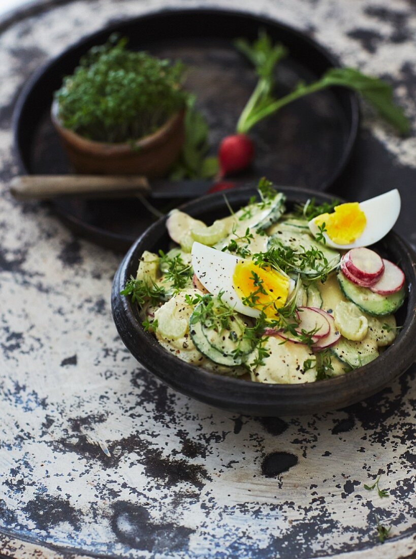 Potato salad with hard-boiled eggs and fresh cress