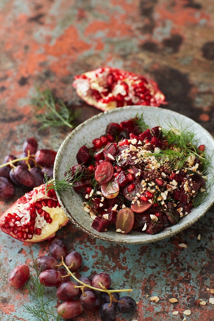 Beetroot salad with red grapes, hazelnuts and pomegranate dressing