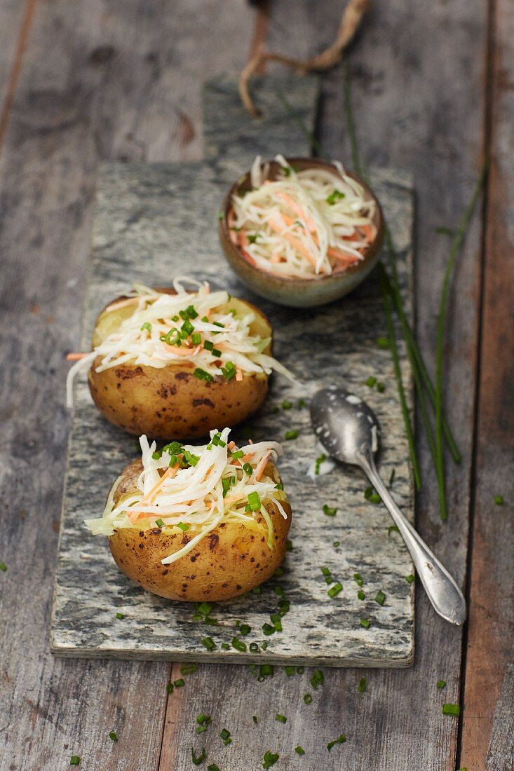 Jacket potatoes filled with coleslaw