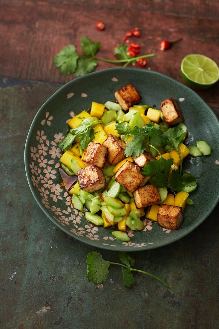 Spicy mango and cucumber salad with fried, diced tofu