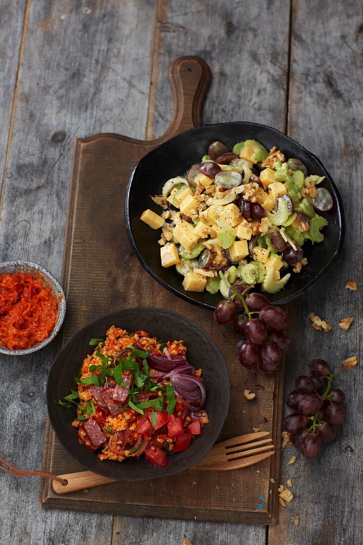 Gouda salad with grapes and bulgur salad ajvar