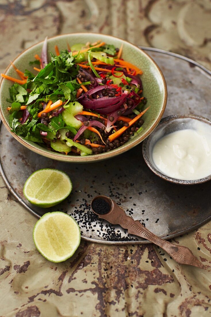 Indian lentil salad with lime and ginger yoghurt