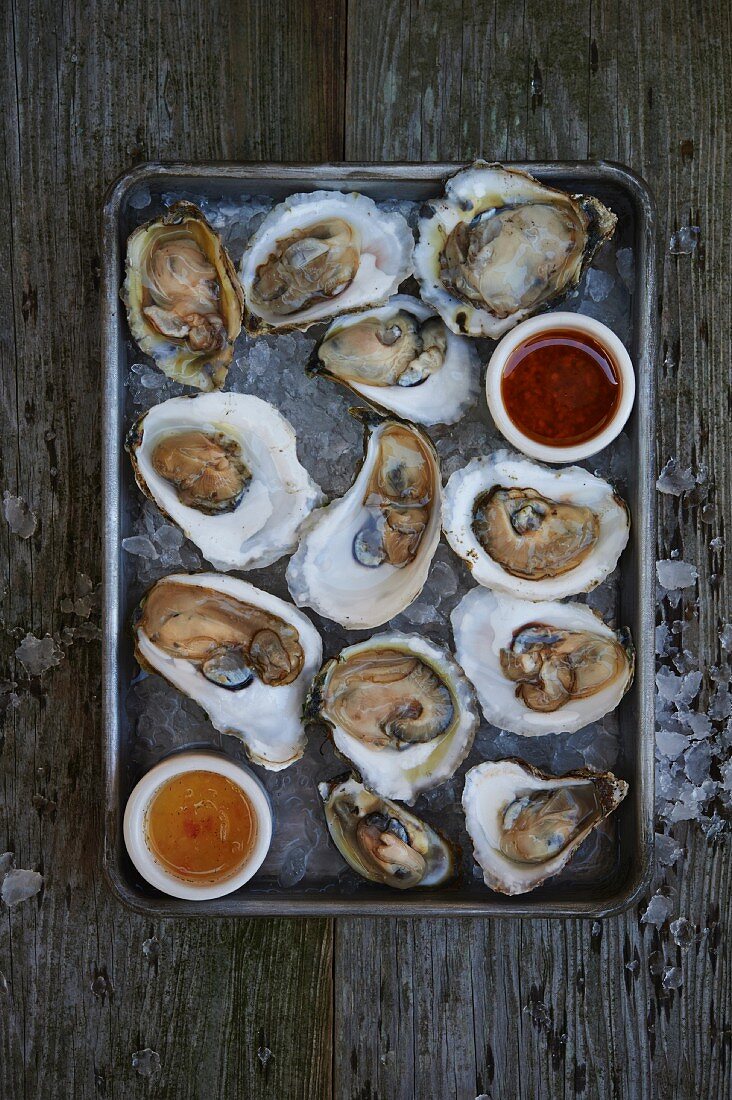 Raw oysters in half shells with condiments