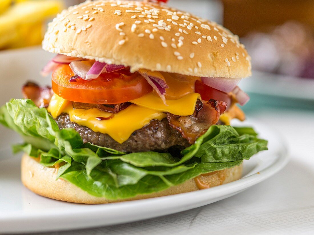 A cheeseburger with tomatoes, onions and salad (close-up)