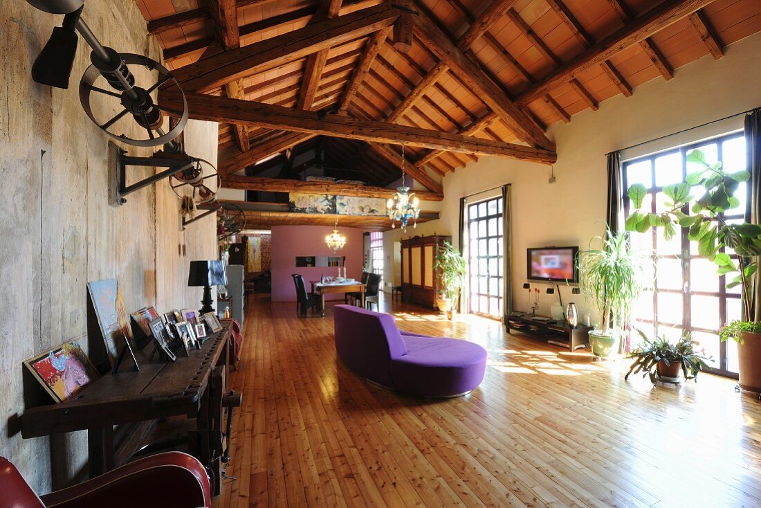 Wooden roof structure, purple sofa and larch flooring in loft apartment