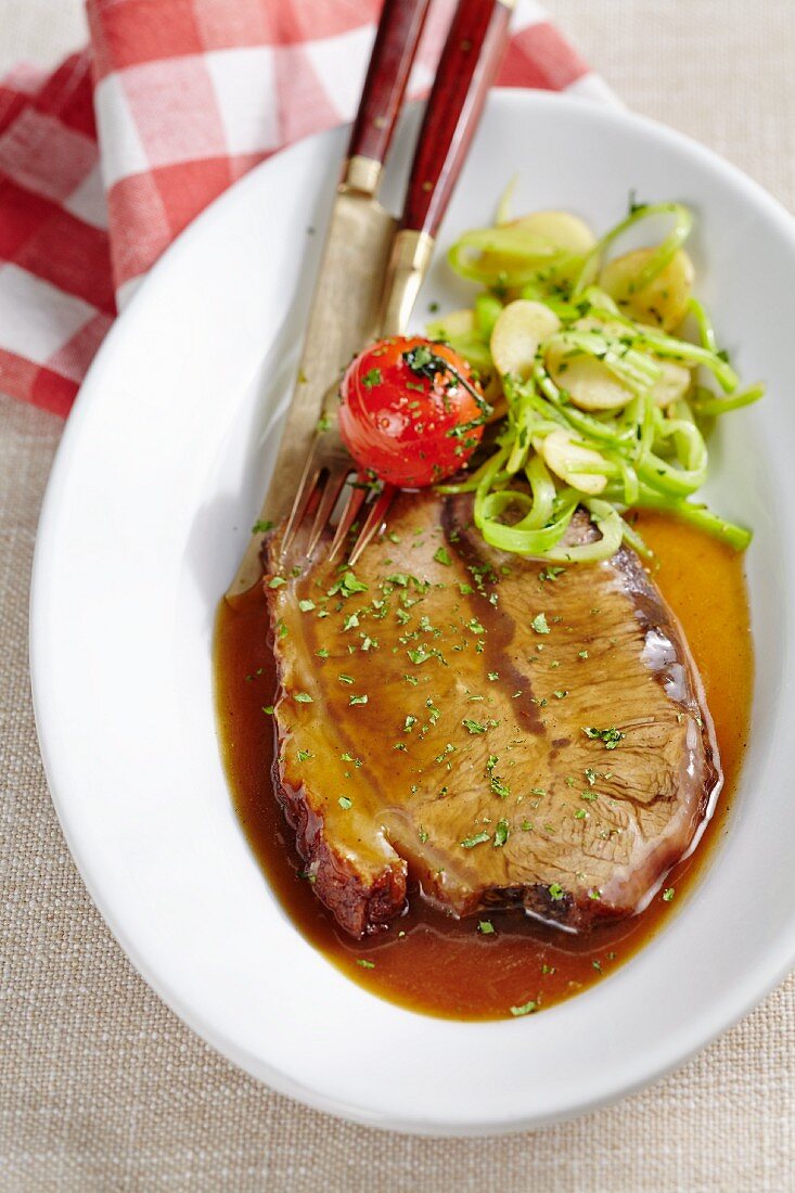 Braised beef with a parsnip and celery medley