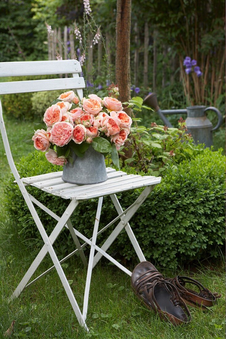 Strauß Rosen in Zinkkanne auf einem Gartenstuhl