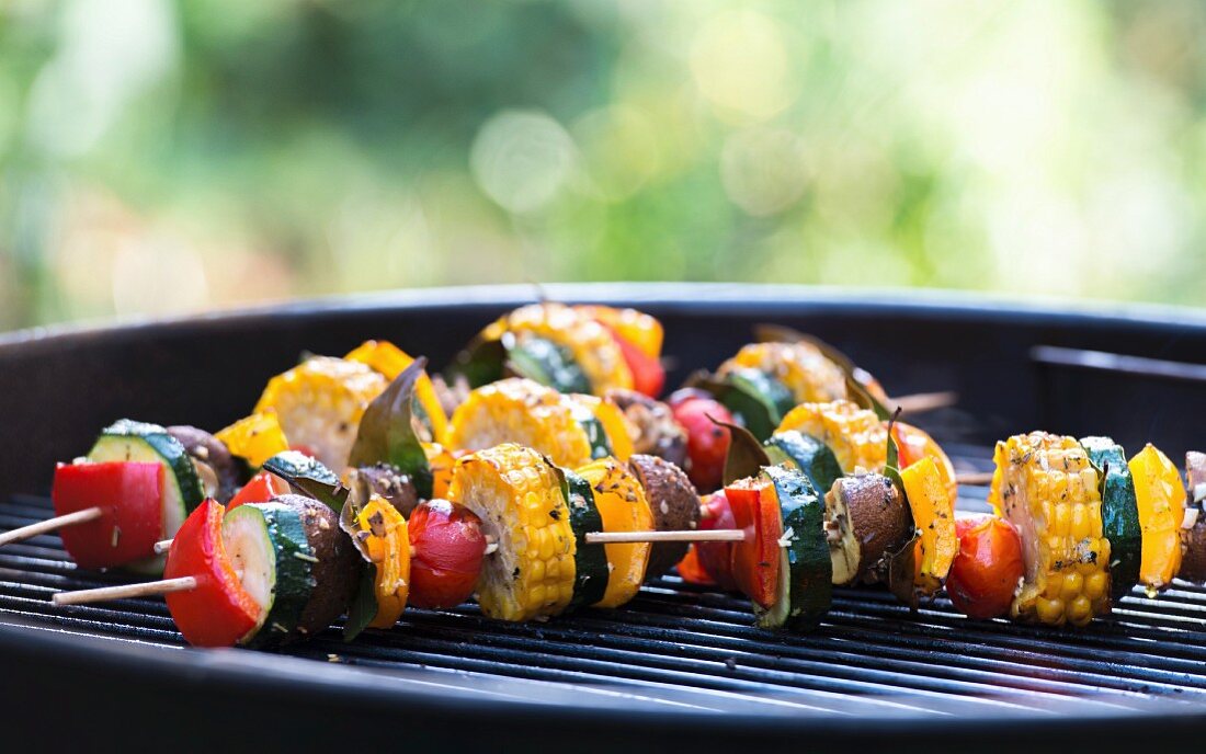 Mediterranean vegetable skewers on a barbecue