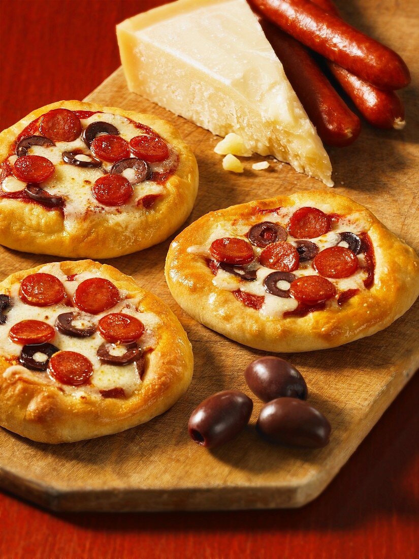 Mini peperoni and olive pizzas