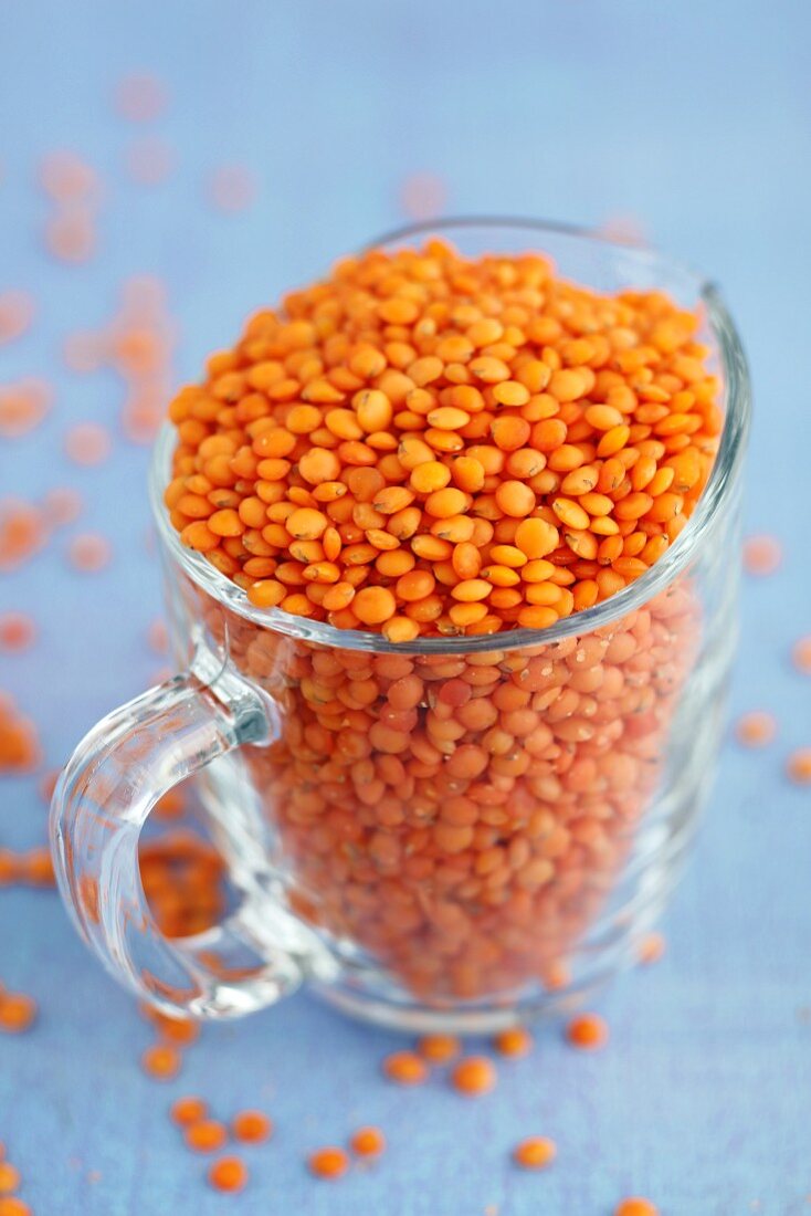 Red lentils in a glass jug
