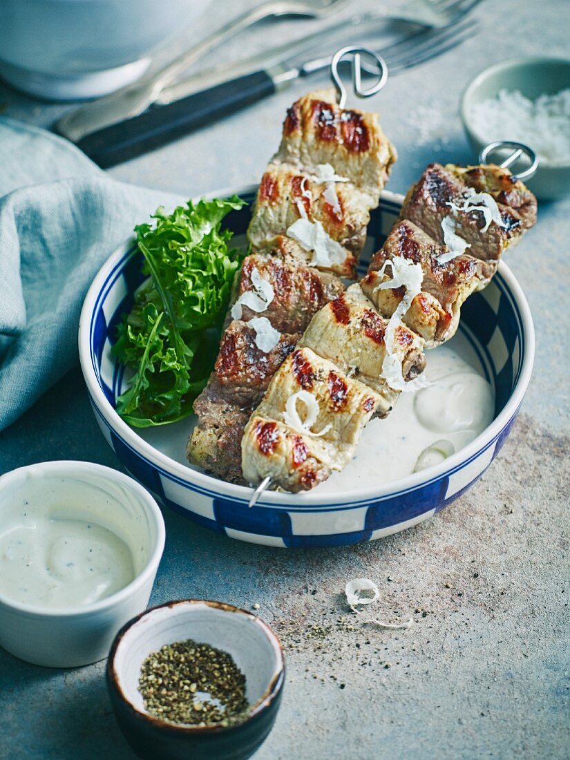 Grilled beef steak strips with a horseradish sauce