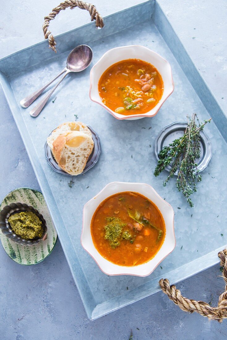 Tuscan bean soup on a tray