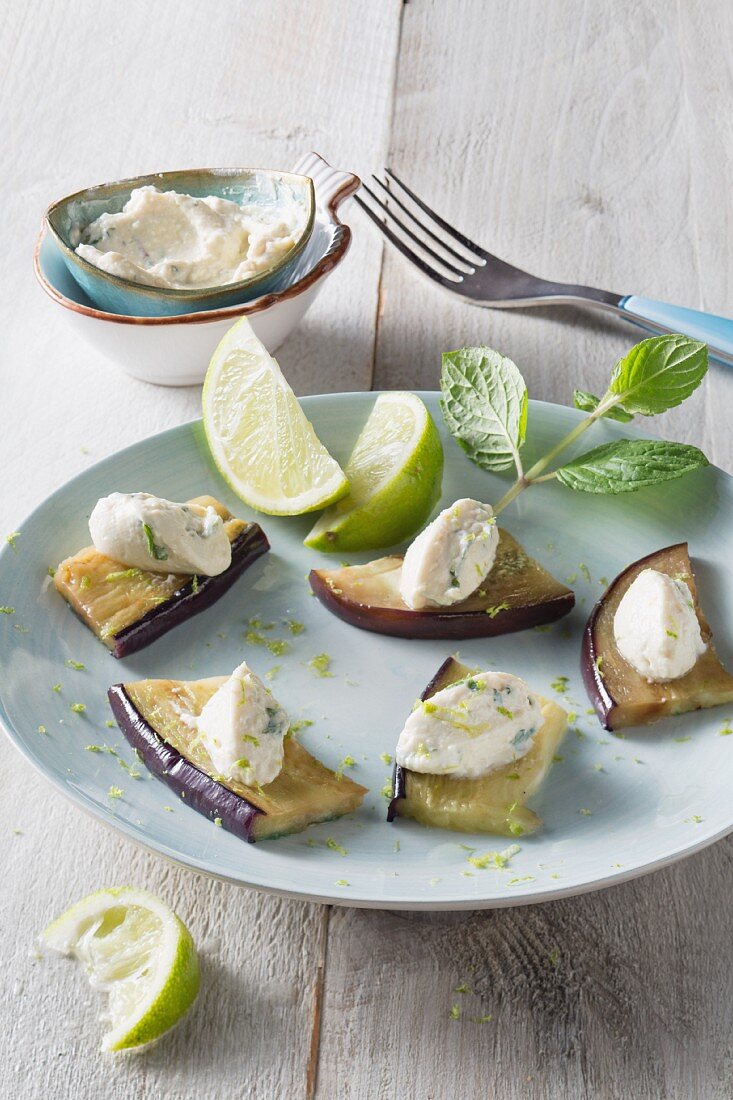 Vegan lime and wasabi cream cheese on aubergines