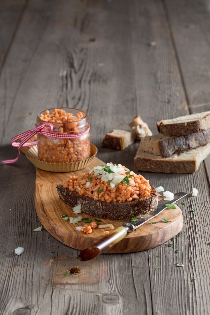 Vegan rice waffle spread with onions