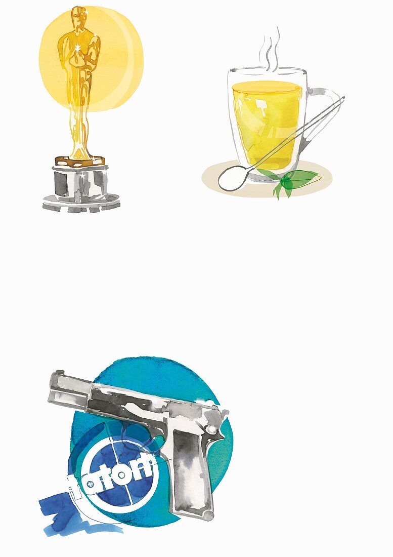 Illustrationen: Oscar-Trophäe, ein Glas Tee, 'Tatort'-Logo mit Pistole
