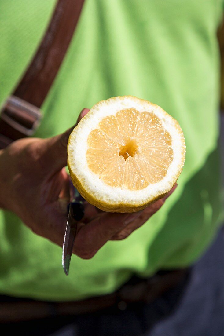 A man holding a freshly sliced lemon half