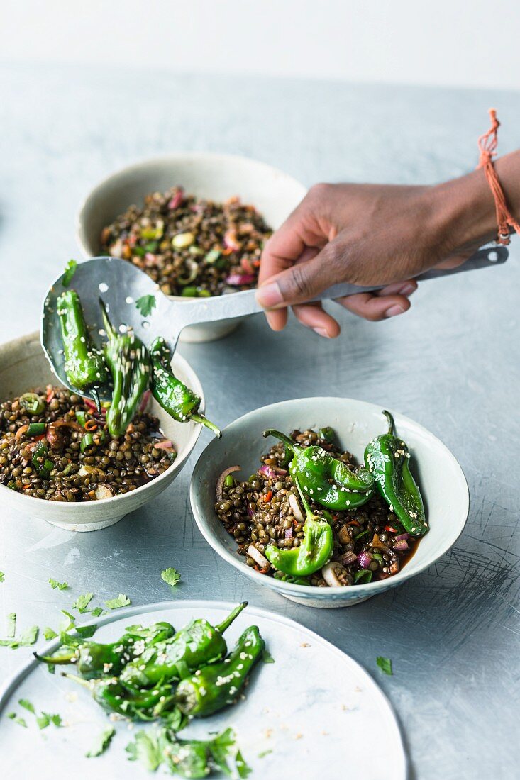 Puy lentil salad with pimientos de padron