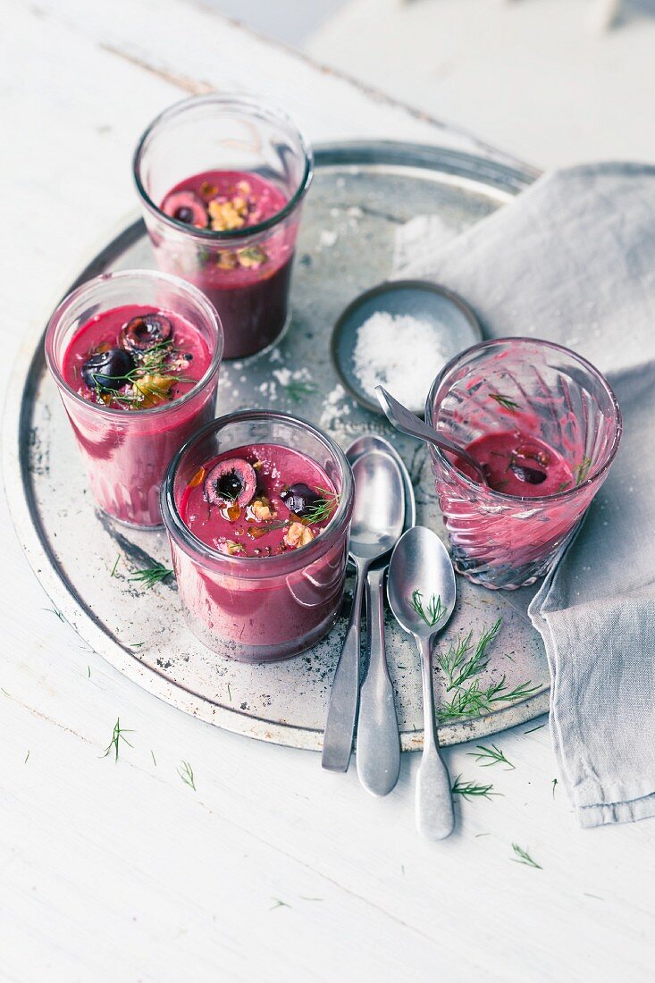 Cold beetroot soup with cherries and walnuts