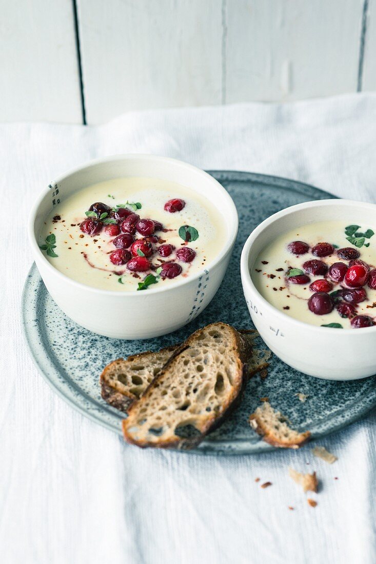 Mountain cheese soup with marjoram, Port wine and balsamic cranberries