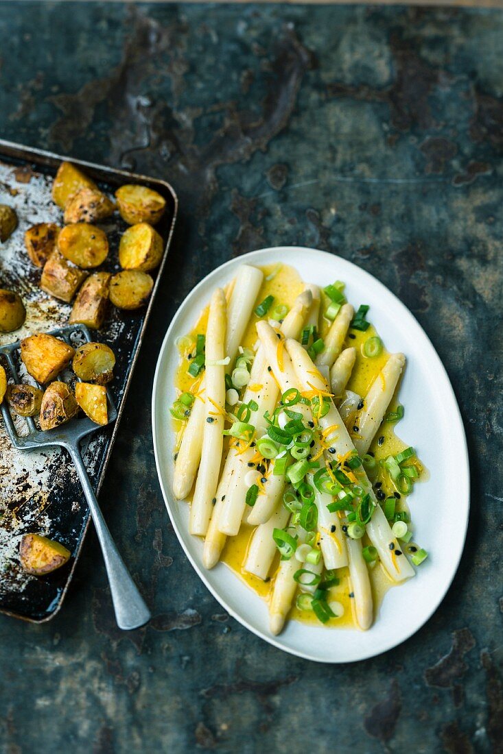 White asparagus with a passion fruit vinaigrette and curry potatoes