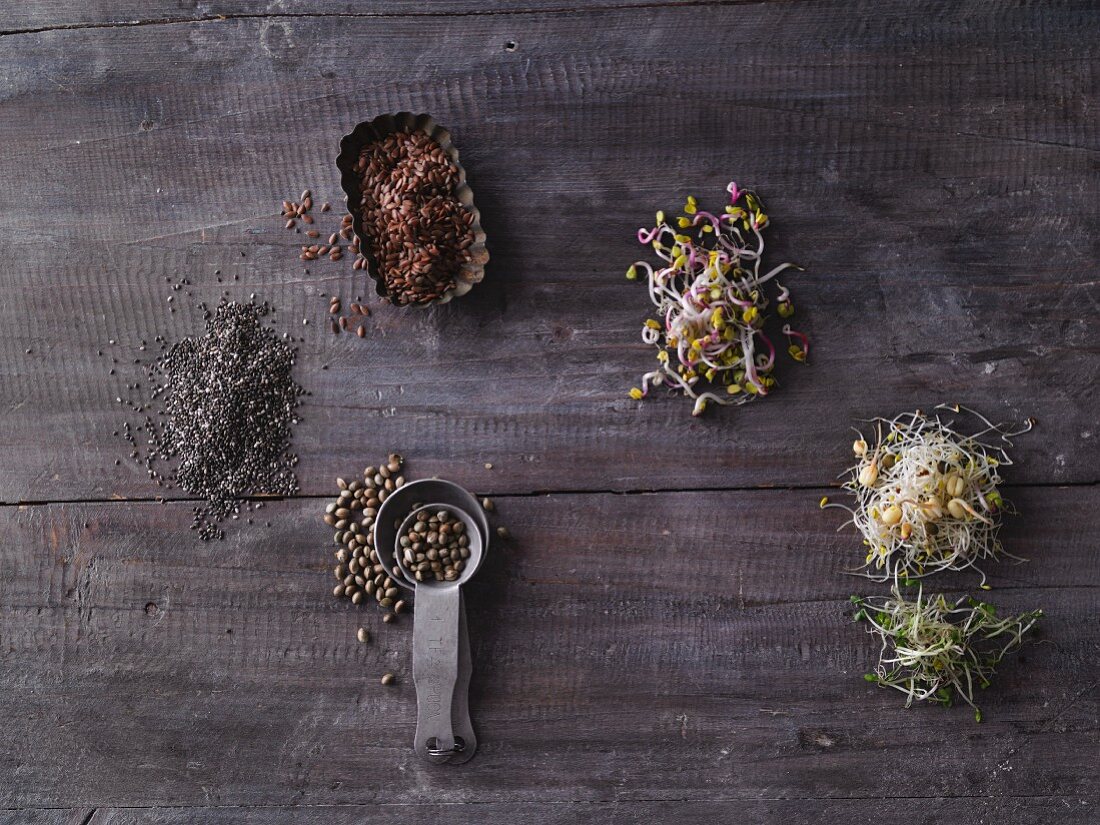 Seeds and shoots on a wooden surface (seen from above)