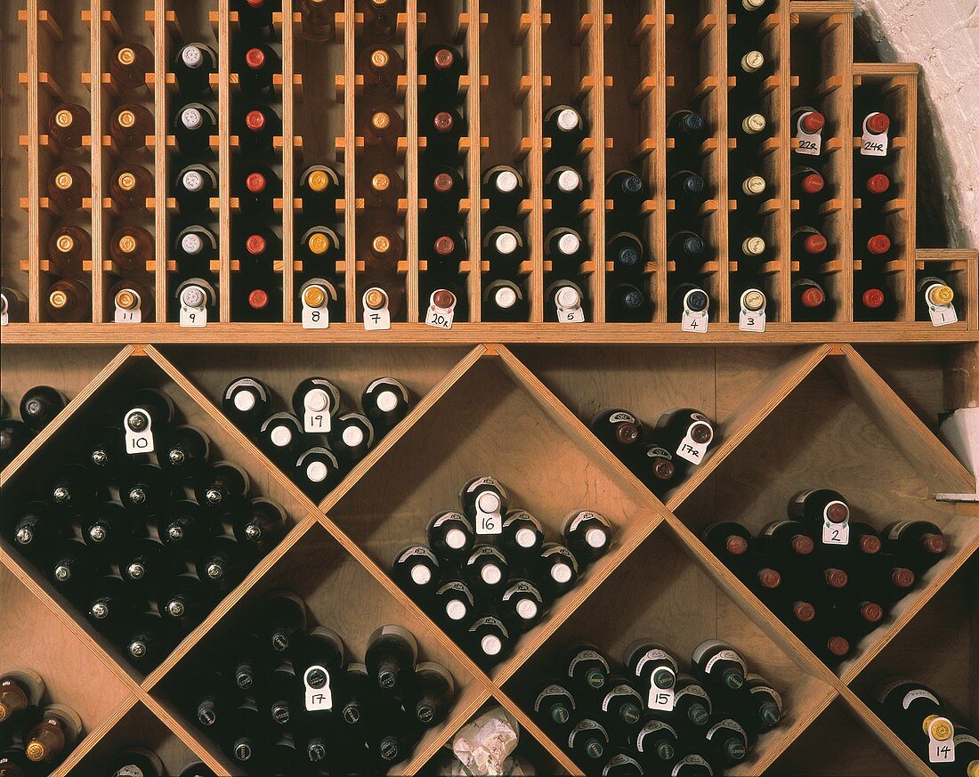 Zahlreiche Flaschen lagern im Regalsystem eines Weingeschäfts