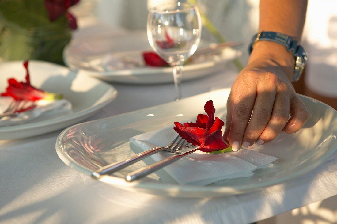 Red flower being arranged with cutlery on white china plate